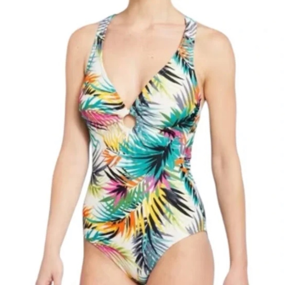 Shade & Shore Tropical Deep V Neck Keyhole Womens One Piece Swimsuit Small NEW